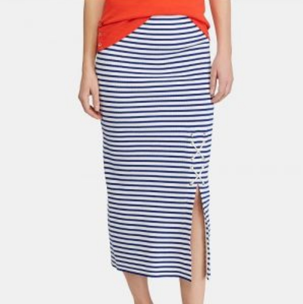 Ralph Lauren Navy and White Nautical Striped Ribbed Midi Skirt XS